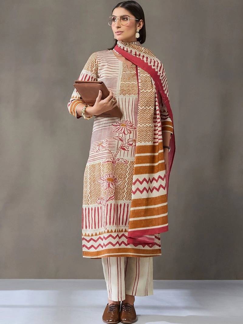 tailored women printed kurta with trousers with dupatta