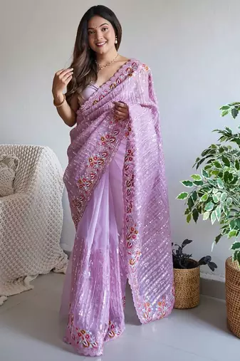 purple purple embellished embroidered organza saree