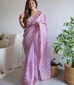 purple purple embellished embroidered organza saree