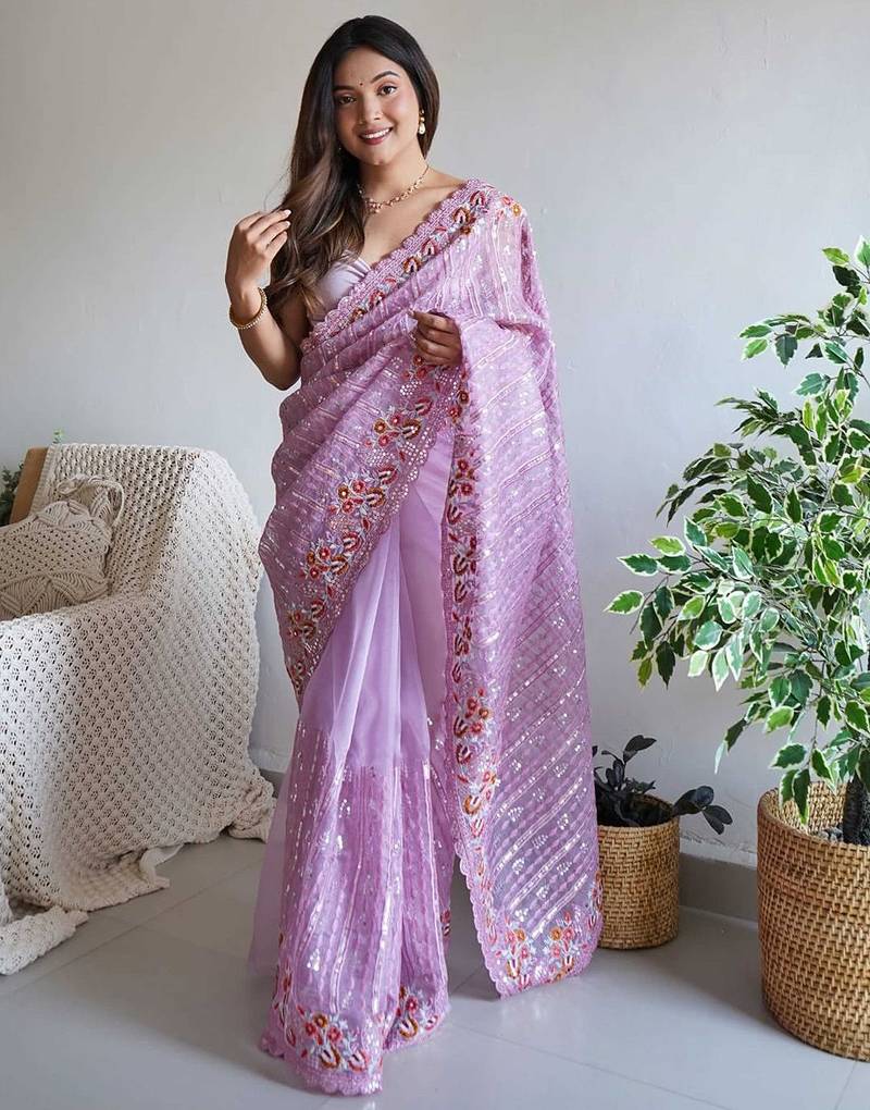 purple purple embellished embroidered organza saree