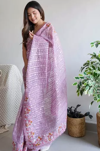 purple purple embellished embroidered organza saree
