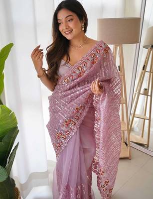 purple purple embellished embroidered organza saree 3