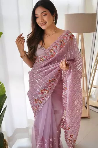 purple purple embellished embroidered organza saree