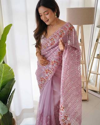 purple purple embellished embroidered organza saree 4