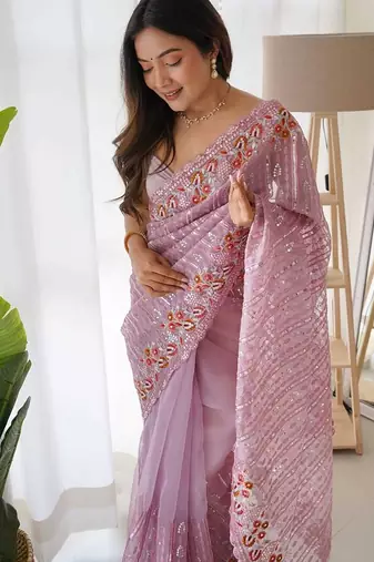 purple purple embellished embroidered organza saree
