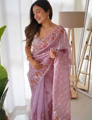 purple purple embellished embroidered organza saree 5