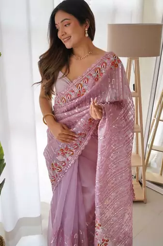 purple purple embellished embroidered organza saree