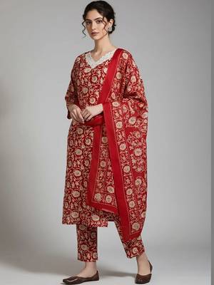 everyday workwear women printed kurta with trousers with dupatta 3