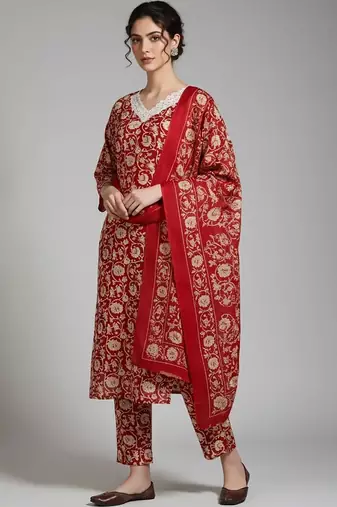 everyday workwear women printed kurta with trousers with dupatta