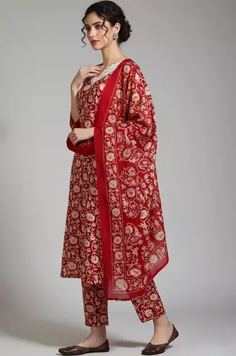 everyday workwear women printed kurta with trousers with dupatta