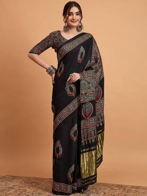 black women modal ajrak block zari designer block print sareewith blouse piece 1