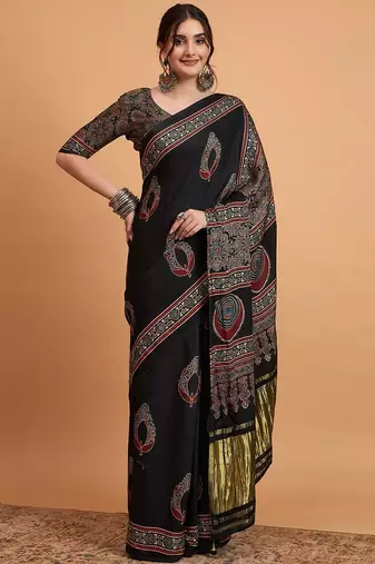black women modal ajrak block zari designer block print sareewith blouse piece