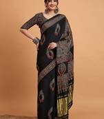 black women modal ajrak block zari designer block print sareewith blouse piece