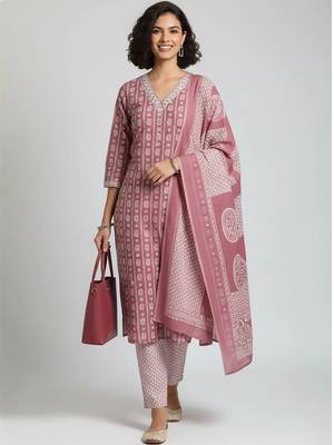 tailored women printed kurta with trousers with dupatta 1