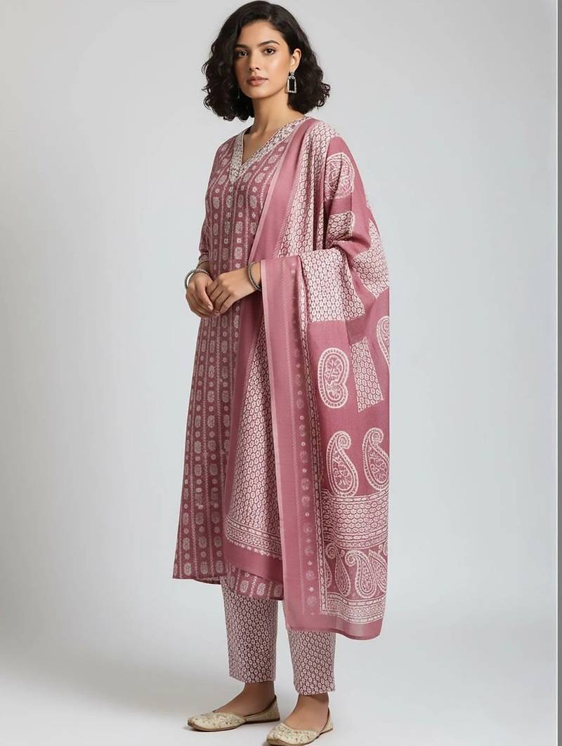 tailored women printed kurta with trousers with dupatta