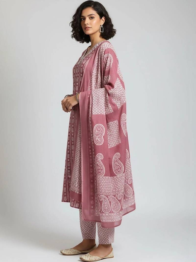 tailored women printed kurta with trousers with dupatta