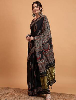 black women modal ajrak block zari designer block print sareewith blouse piece 2