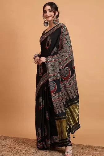 black women modal ajrak block zari designer block print sareewith blouse piece