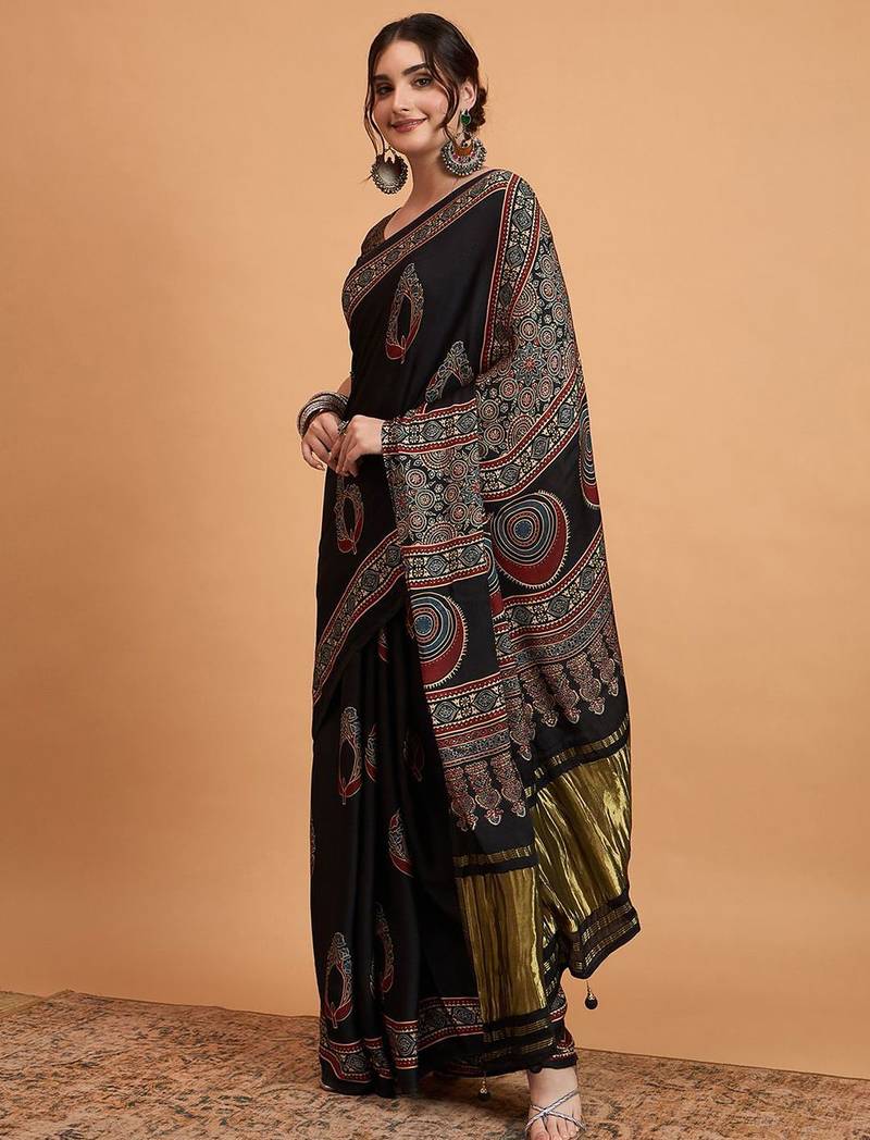 black women modal ajrak block zari designer block print sareewith blouse piece