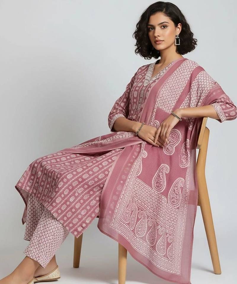 tailored women printed kurta with trousers with dupatta