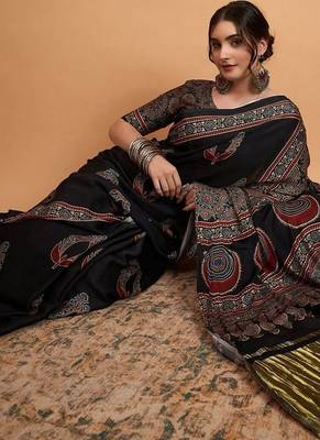 black women modal ajrak block zari designer block print sareewith blouse piece 3