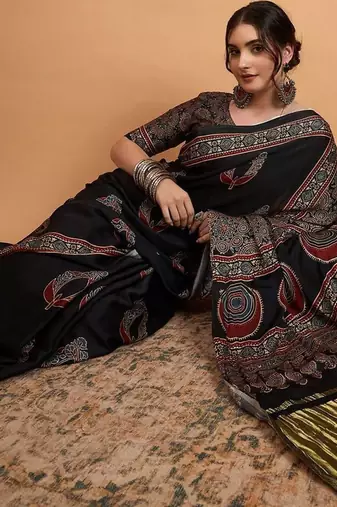 black women modal ajrak block zari designer block print sareewith blouse piece