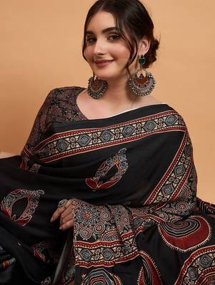 black women modal ajrak block zari designer block print sareewith blouse piece 4