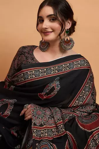 black women modal ajrak block zari designer block print sareewith blouse piece