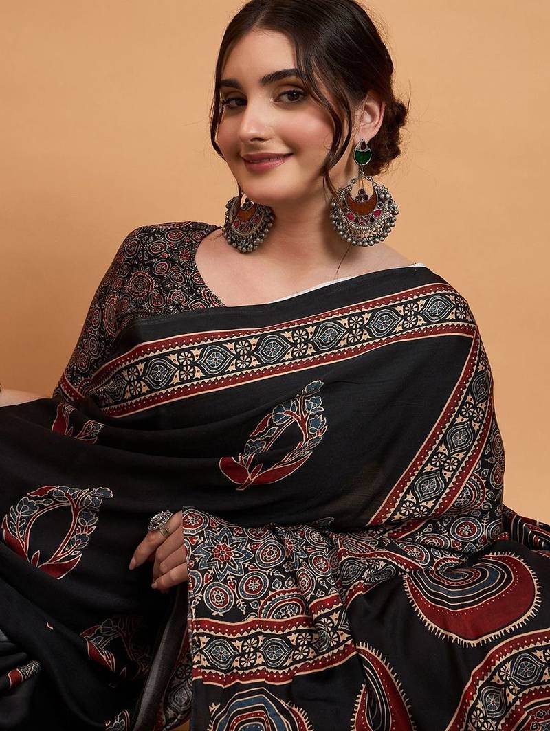 black women modal ajrak block zari designer block print sareewith blouse piece
