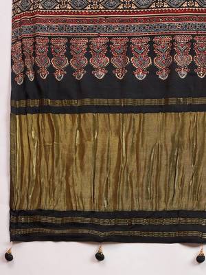black women modal ajrak block zari designer block print sareewith blouse piece 5