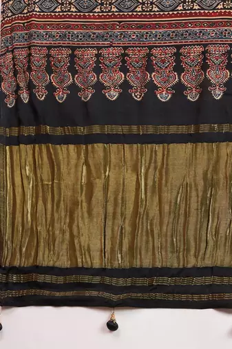 black women modal ajrak block zari designer block print sareewith blouse piece