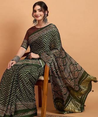 green modal ajrak block zari designer block print sareewith blouse piece 1