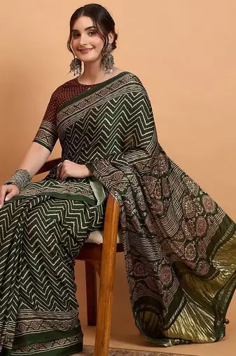 green modal ajrak block zari designer block print sareewith blouse piece