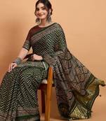 green modal ajrak block zari designer block print sareewith blouse piece