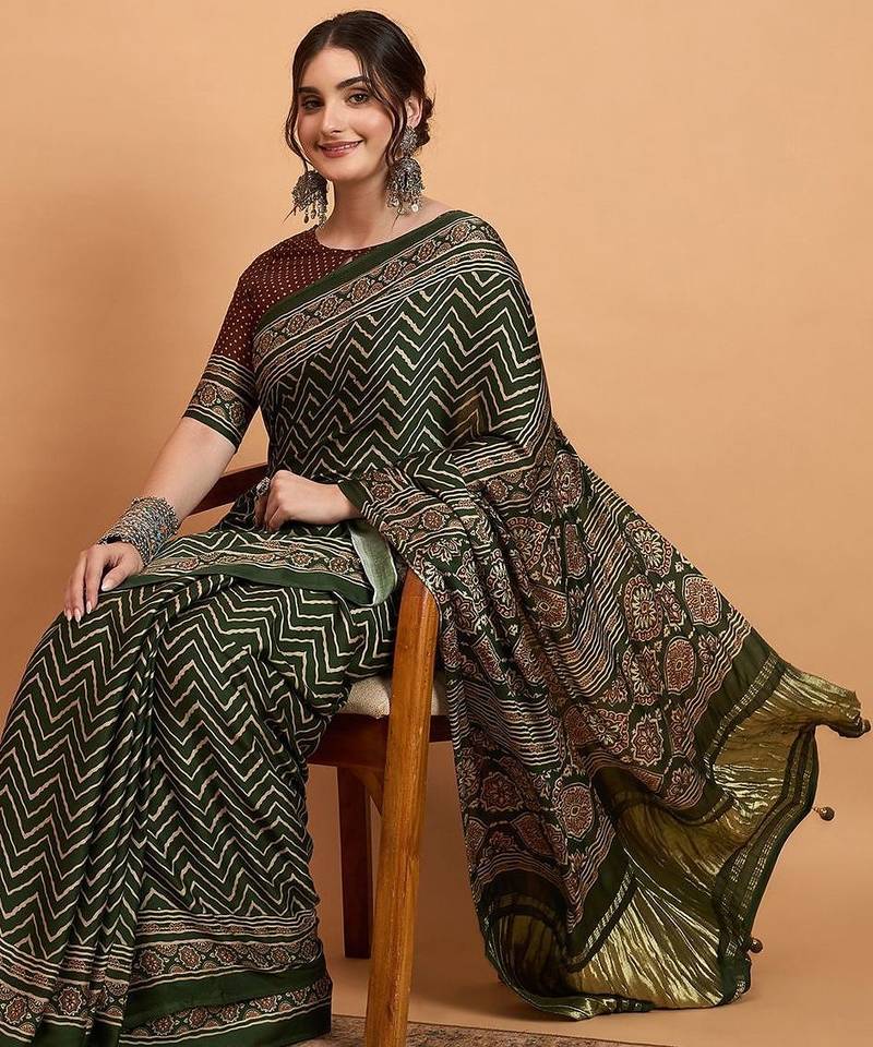 green modal ajrak block zari designer block print sareewith blouse piece