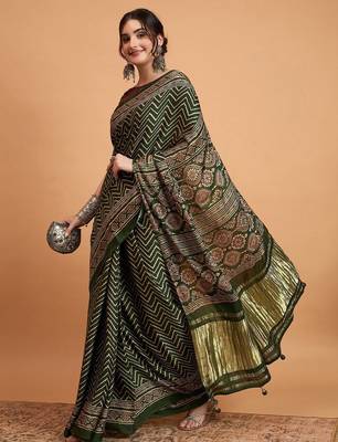 green modal ajrak block zari designer block print sareewith blouse piece 2