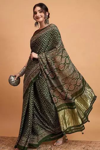 green modal ajrak block zari designer block print sareewith blouse piece