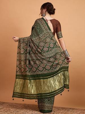 green modal ajrak block zari designer block print sareewith blouse piece 3