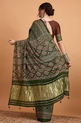 green modal ajrak block zari designer block print sareewith blouse piece
