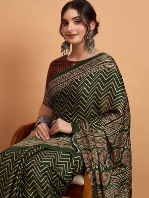 green modal ajrak block zari designer block print sareewith blouse piece 4