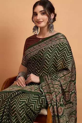 green modal ajrak block zari designer block print sareewith blouse piece