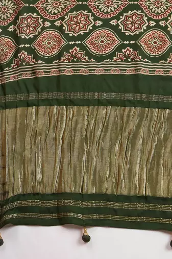 green modal ajrak block zari designer block print sareewith blouse piece
