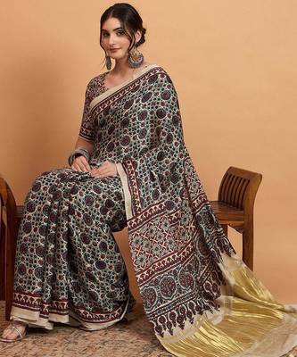 navy_blue modal ajrak printed zari sareewith blouse piece 1