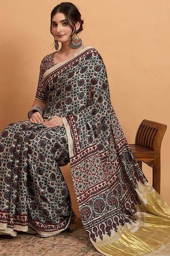 navy_blue modal ajrak printed zari sareewith blouse piece