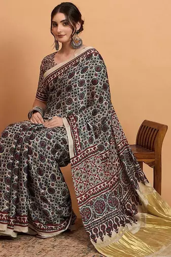 navy_blue modal ajrak printed zari sareewith blouse piece
