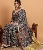 navy_blue modal ajrak printed zari sareewith blouse piece