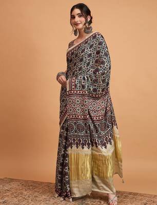 navy_blue modal ajrak printed zari sareewith blouse piece 2