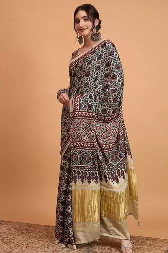navy_blue modal ajrak printed zari sareewith blouse piece