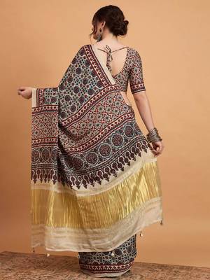 navy_blue modal ajrak printed zari sareewith blouse piece 3