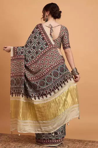 navy_blue modal ajrak printed zari sareewith blouse piece
